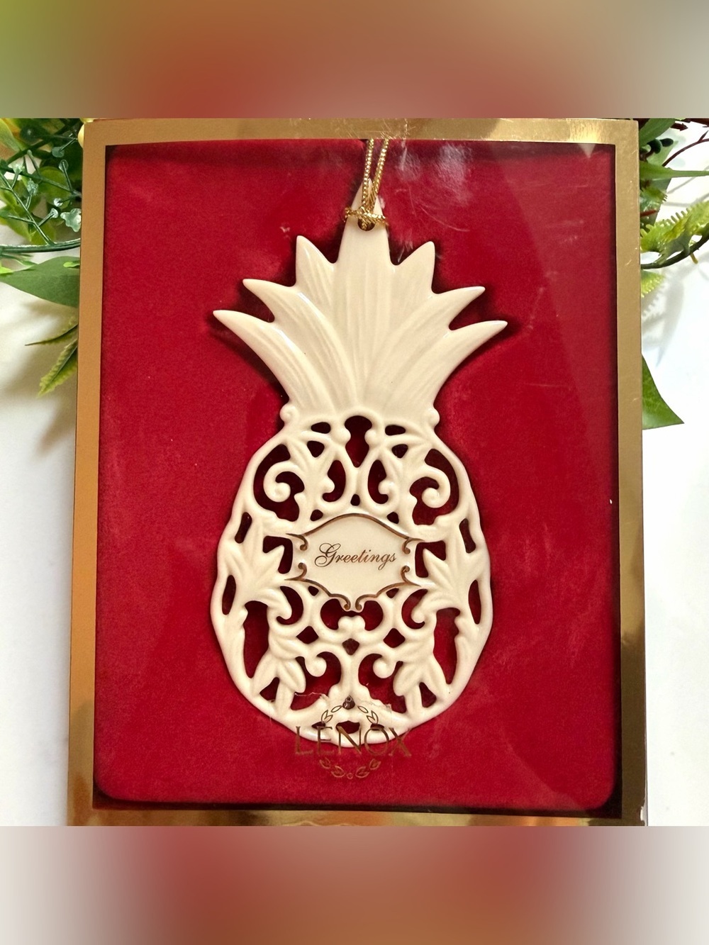 Lenox Greetings Pineapple Christmas Ornament Ivory Porcelain NIB Retired 2003